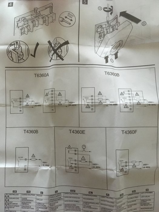 Instruktionsblad med olika elektriska kopplingsscheman och installationsanvisningar, markerat med ikoner och text.