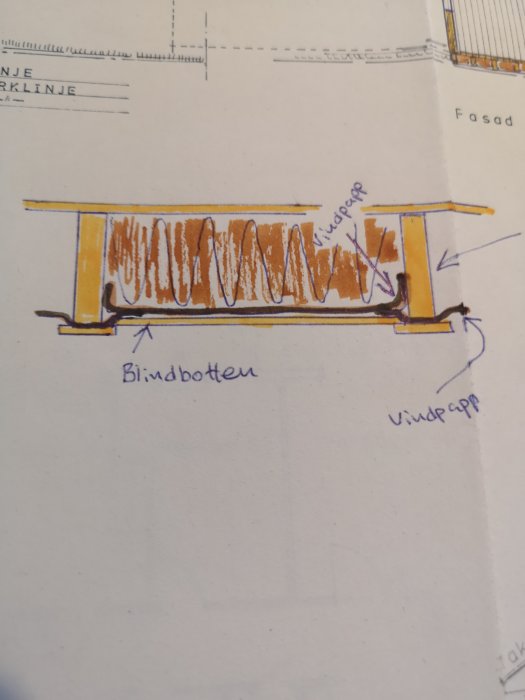 Handritad skiss av en byggkonstruktion med markerade plintar och träbjälkar.