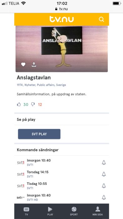 Skärmbild av tv-programmet "Anslagstavlan" på TV-guiden tv.nu med animerad figur.