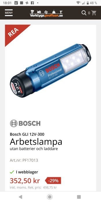 Bosch GLI 12V-300 arbetslampa på rea, utan batteri och laddare, från en webbshop.