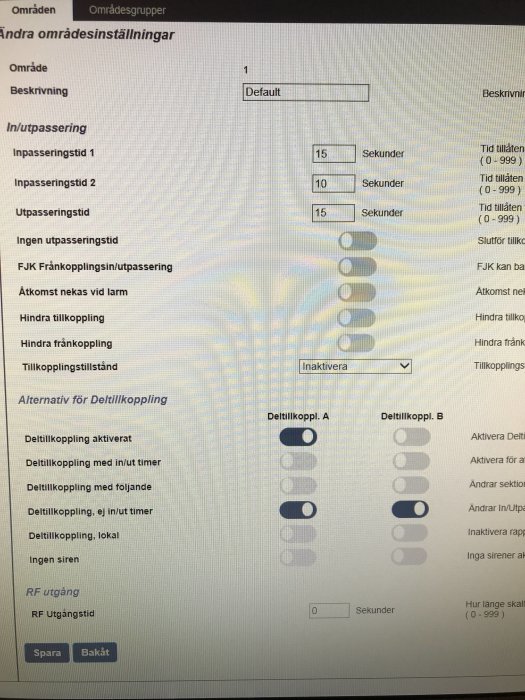 Skärmdump av larmpanelens områdesinställningar med tidsfördröjningsalternativ.
