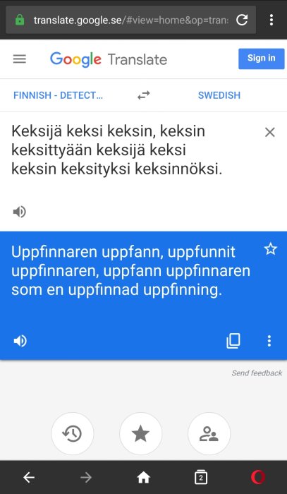 Skärmklipp av Google Översätt med finsk text som ger en nonsensöversättning till svenska.