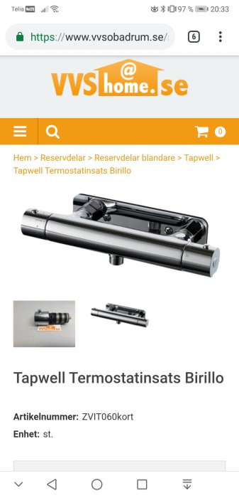 Tapwell termostatinsats Birillo för blandare visas på e-handelssajt med artikelnummer ZVIT060kort.