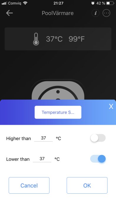 Digital display av en poolvärmare som visar en temperatur på 37°C och 99°F.