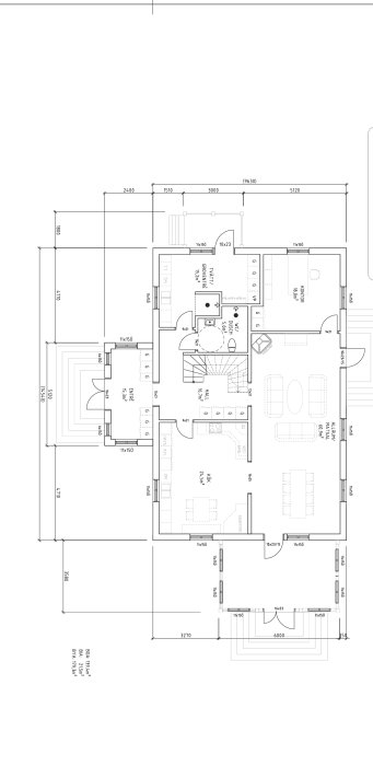 Arkitektonisk ritning av ett hus med dimensioner som visar planlösningen inklusive badrum, tvättstuga och kontor.