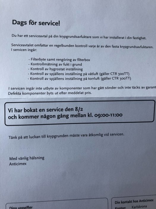 Brev om service för krypgrundsavfuktare med detaljer om serviceavtalet och bokat servicebesök från Anticimex.