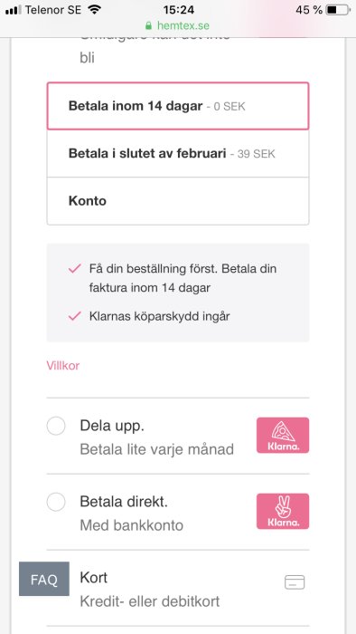 Skärmbild av betalningsalternativ online med val för "Betala inom 14 dagar" och Klarnas köparskydd.