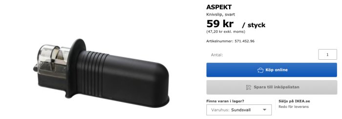 Svart knivslip från Fiskars med priset och artikelnummer visas i en onlinebutik.