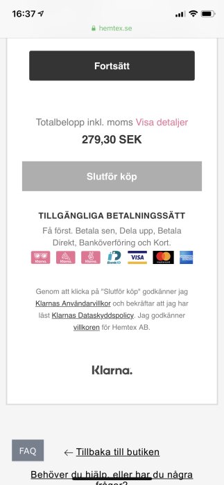 Skärmdump av betalningssida med totalbelopp och olika betalningsmetoder via Klarna på Hemtex webbplats.