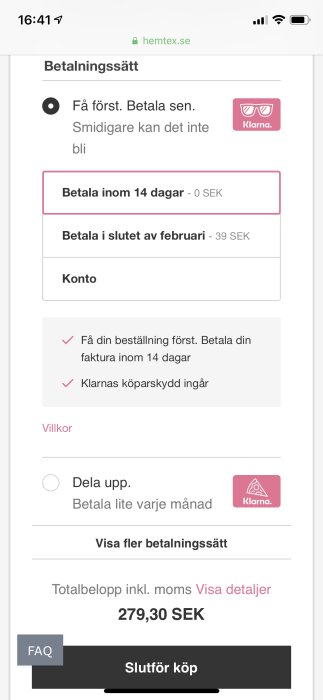 Skärmdump av betalningsalternativ hos Hemtex med Klarna, inklusive "Betala inom 14 dagar" och totalbelopp.