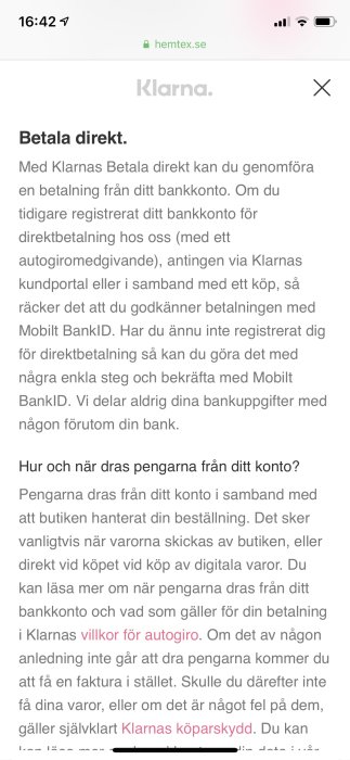 Skärmdump från Hemtex webbsida med Klarnas betalningsalternativ för direktbetalning från bankkonto.