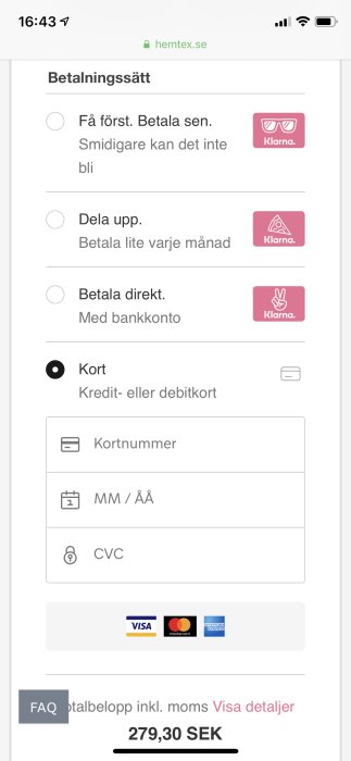 Skärmdump från Hemtex betalningssida med olika Klarna-betalningsalternativ och kortbetalningsformulär.