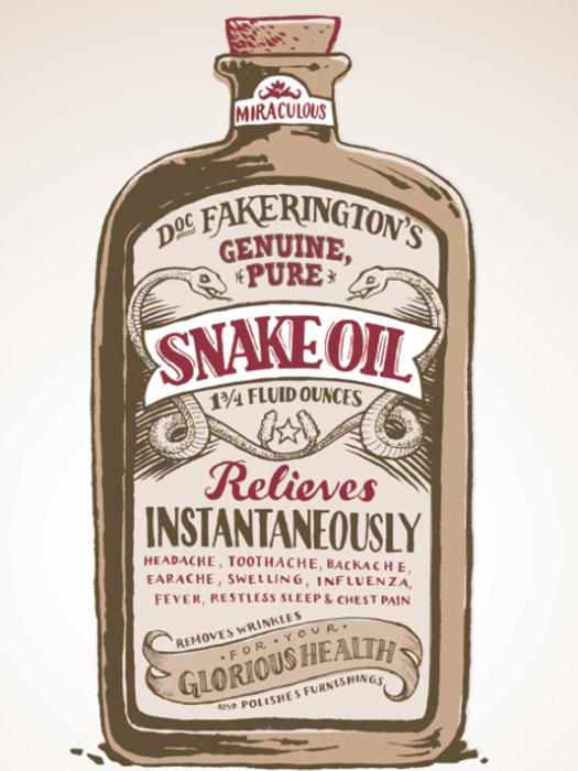 Illustration av vintage ormolje-flaska med text som hävdar botande egenskaper.