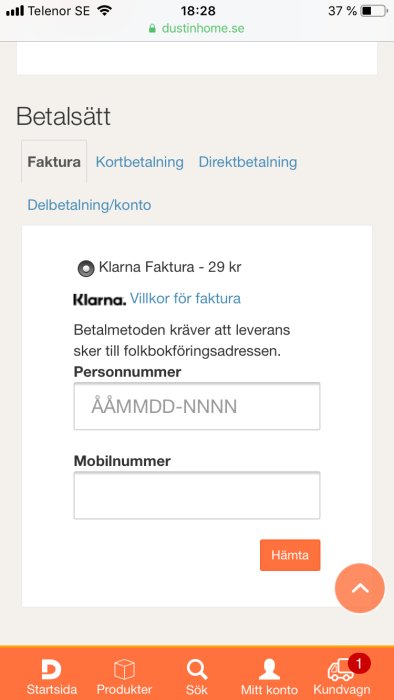 Skärmdump från Dustin.se som visar betalningsalternativ med Klarna faktura valt och fält för personnummer.