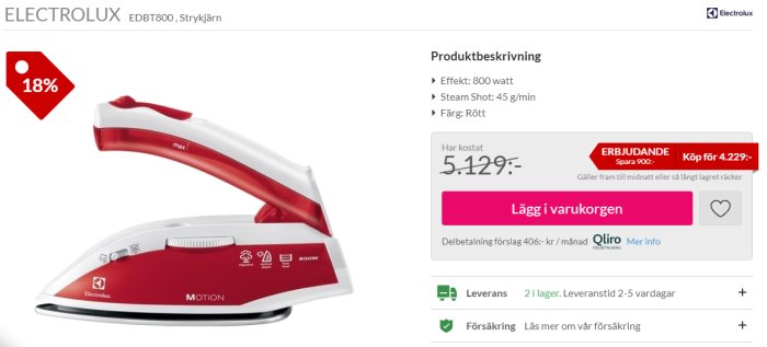 Rött Electrolux strykjärn modell EDBT800 med 18% rea, pris före och efter rabatt visas.