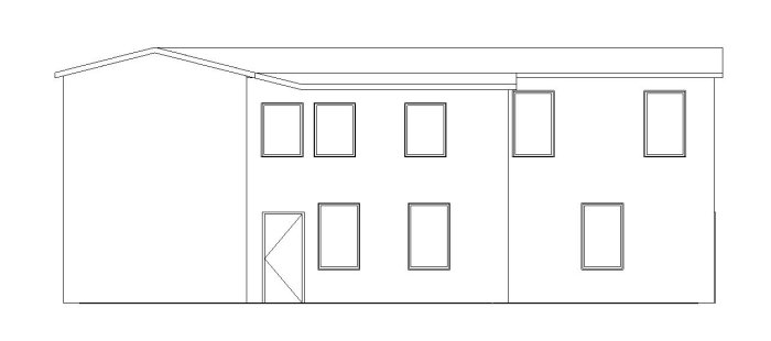 Enkel ritning av en husfasad med symmetrisk placering av fönster och en markant skillnad i takhöjd.