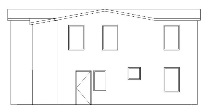 Enkel ritning av en husfasad med flera fönster och en skarv i taket, avsett för byggdiskussion.