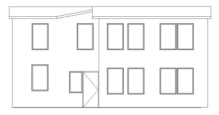 Enkel ritning av en husfasad med flera rektangulära fönster och en synlig takskarv.