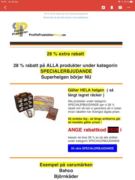 Reklam för 28% rabatt hos ProffsProdukterShop.se med bild på verktygslådor och rabattkod.