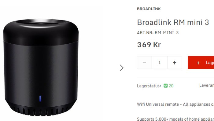 Svart Broadlink RM mini 3 smart universal fjärrkontroll för hemautomation med pris och lagerstatus.