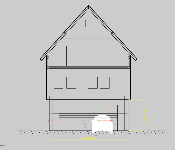 Arkitektonisk ritning av ett hus med garage, träkonstruktionsplaner och dimensioner markerade.