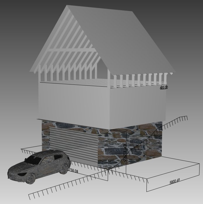 3D-modell av ett hus med stående träpanel och stenbeklädd grund, inklusive bil och måttangivelser.