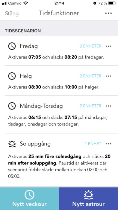 Skärmdump av en app för hemautomation med scheman för olika dagar och astrofunktioner.