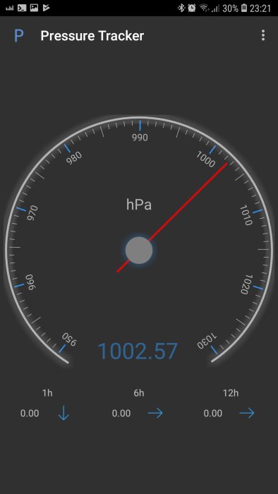 Skärmdump av tryckmätarapp visar mätaren inställd på 1002,57 hPa.