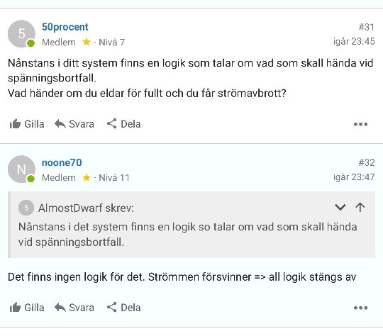 Skärmdump av ett forum där användare diskuterar logiken bakom system vid strömavbrott.