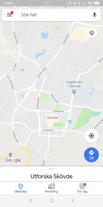 Skärmdump av en Google Maps-karta över Skövde som visar högskolan och centralt belägna gator.