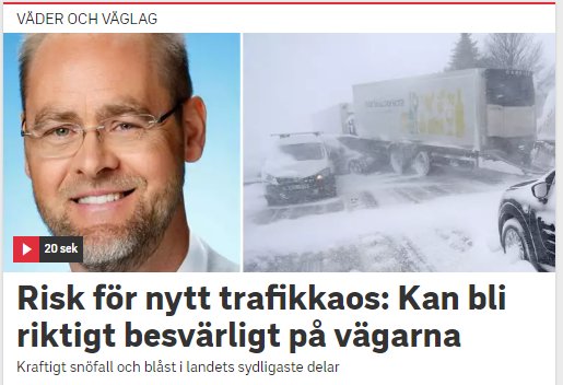 Leende meteorolog bredvid en bild av en lastbil i snöstorm och varningstext för trafikkaos.