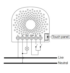 Schema över koppling av Aeon Labs nano dimmer med touchpanel och märkningar för live och neutral ledning.