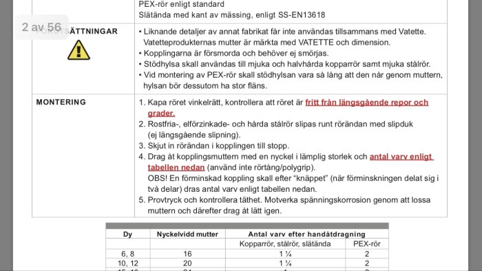 Skärmbild av monteringsanvisningar för Vatette klämringskoppling med steg-för-steg instruktioner och en tabell över åtdragningsmoment.