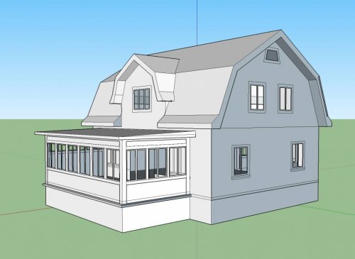 3D-modell av ett hus med tillbyggnad och pulpettak.