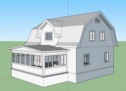 3D-modell av ett hus med pulpettak och tillbyggd veranda, illustrerar byggnadsalternativ.