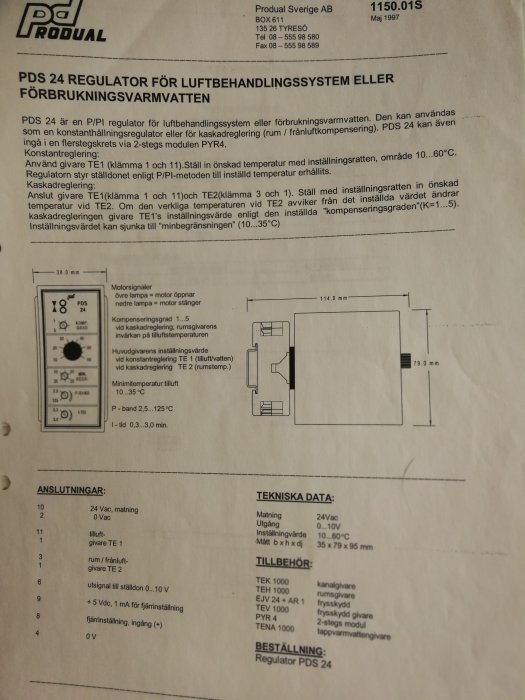 Bild av en manual för PDS 24 regulator med tekniska diagram och specifikationer för luftbehandlingssystem.