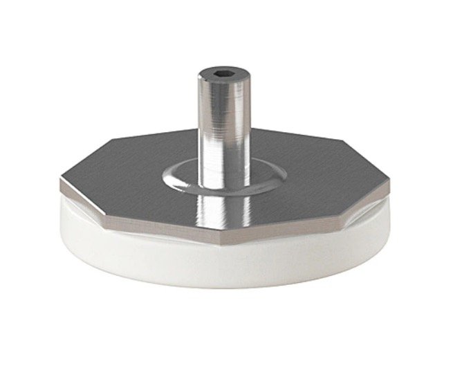 Justerbar fot från Ikea med grå ovandel och vit botten, designad för möbelstabilisering. Minst 11mm höjd.