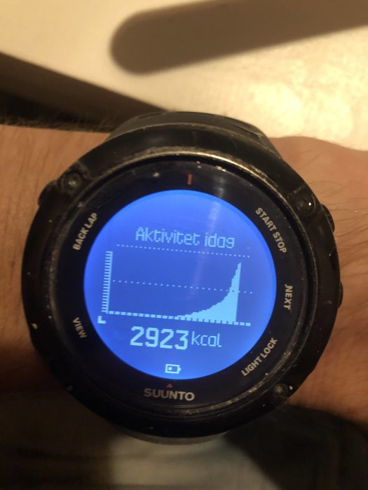 En närbild av en SUUNTO sportklocka som visar graf över dagens aktivitet och förbrukade kalorier på 2923 kcal.