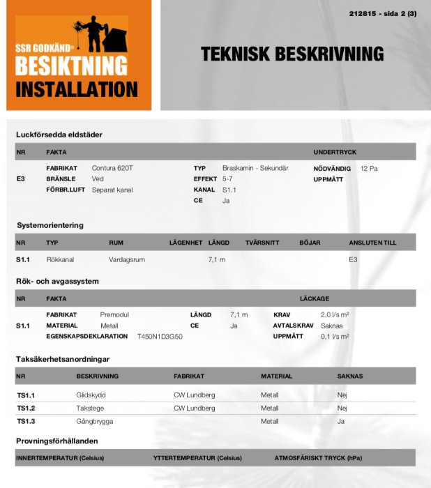 Teknisk beskrivning av byggprojekt med fokus på en luckförsedd eldstad och systemorientering, inklusive detaljerade specifikationer och provningsförhållanden.