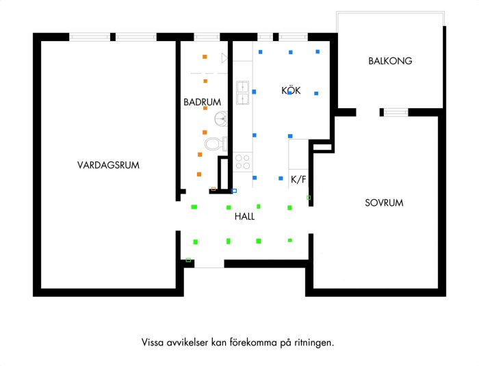 Planritning av en lägenhet som visar placering av downlights i hall, kök och badrum.