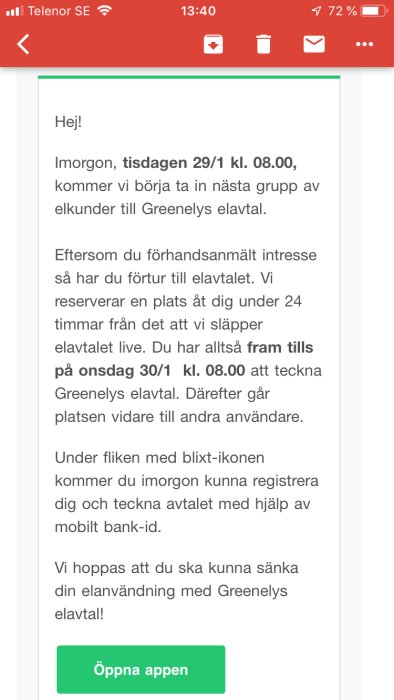 Skärmdump av e-post från Greenelys med erbjudande om förtur till elavtal och information om registrering.