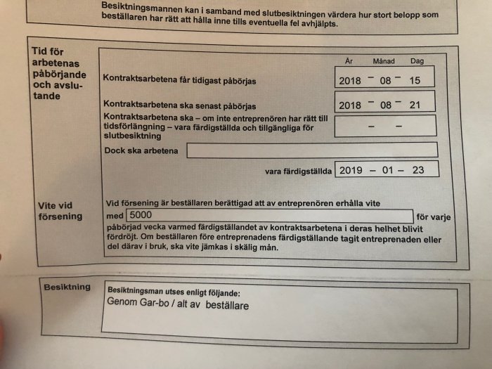 Kontrakt med datum för påbörjande, avslutande och vite vid försening för byggprojekt enligt ABS09.