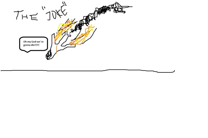 Tecknad bild av en stridsflygplanselect med texten "THE JOKE" och pratbubbla "Oh my God we're gonna die!!!!