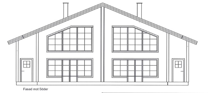 Arkitektritning av en sydvänd fasad för ett planerat parhus med flera fönster och två entrédörrar.