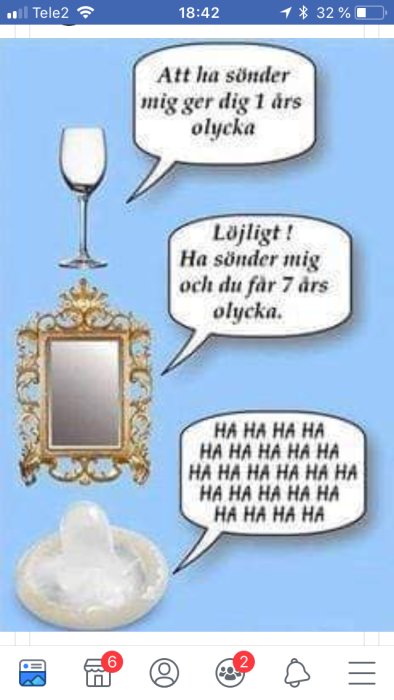 Seriebild med pratbubblor där en spegel och ett vinglas diskuterar att gå sönder ger olika tur.