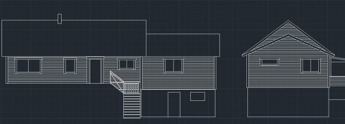 CAD-ritning av enplanshus med högt i tak istället för tillbyggnad med övervåning.