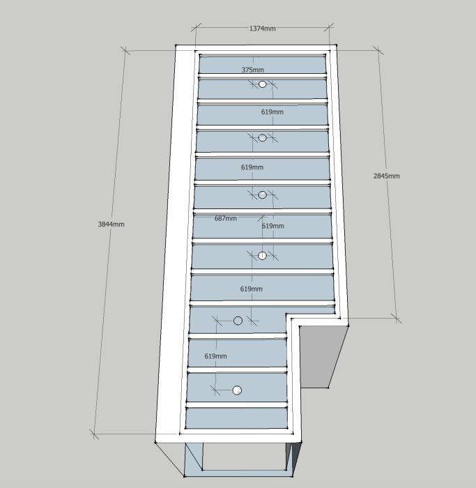 3D-ritning av kök med mått för placering av downlights och högskåp.