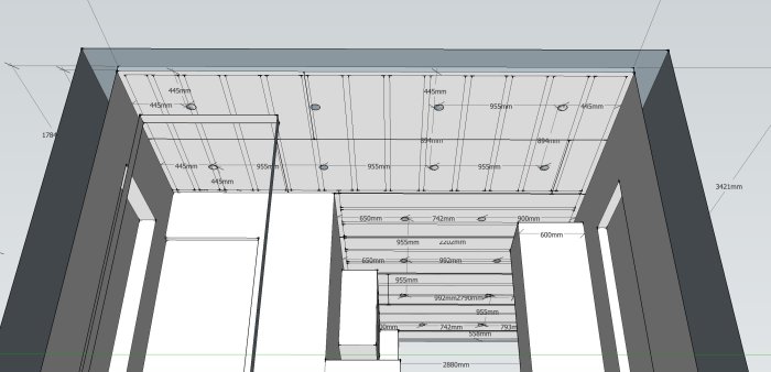 3D SketchUp-ritning av köksbelysning med mått på placering av downlights och skåp.