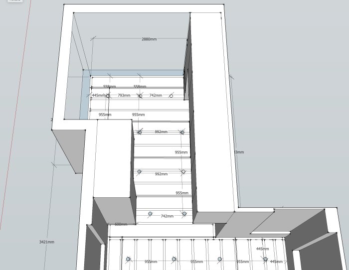 3D-skiss av kökslayout med måttangivelser och placering av downlights.