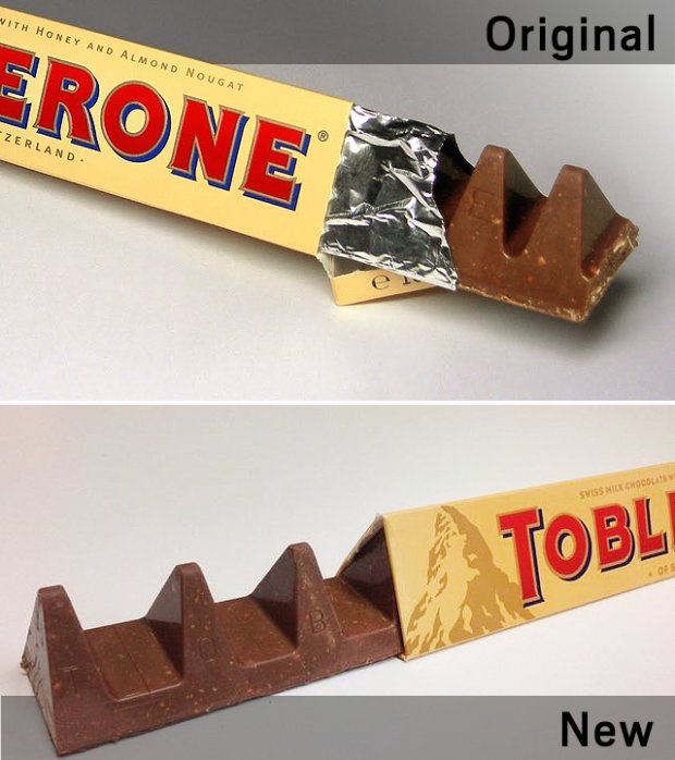 Toblerone chokladkakor före och efter designändring, översta bilden visar original med tätare trianglar.